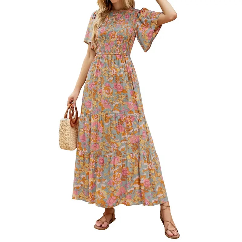 🌸 Avslappnad Maxiklänning för Damer med Blommönster – Korta Flänsar i Sammet, Smock & Hög Midja För En Elegant Silhuett ☀️