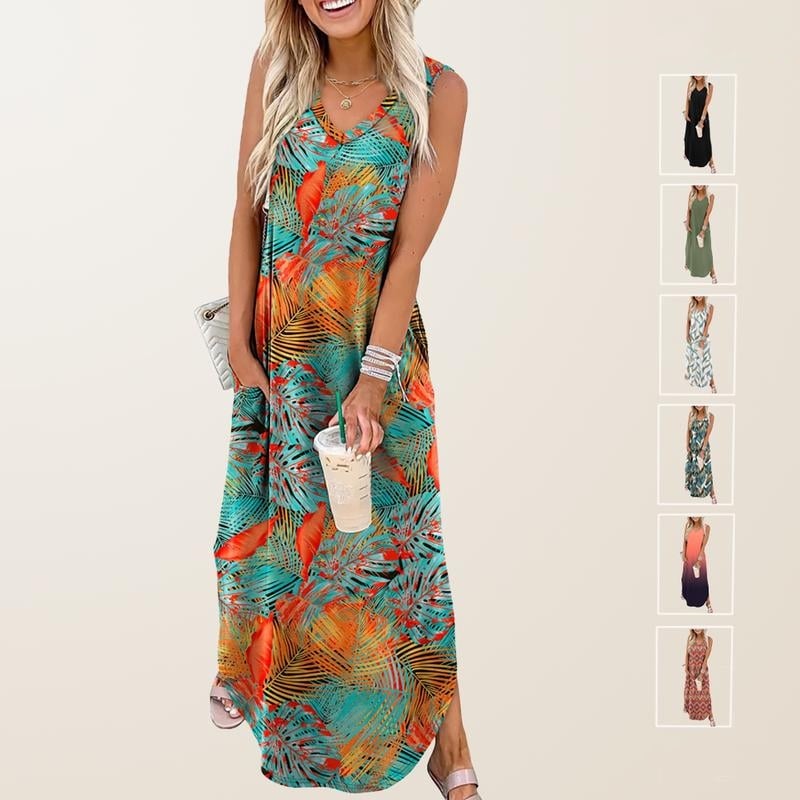 🎉Sista dagens erbjudande 50% RABATT💃2026 Sommar Boho Print Maxiklänning med V-ringning och fickor