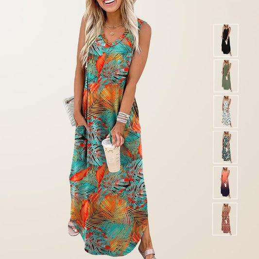 🎉Sista dagens erbjudande 50% RABATT💃2026 Sommar Boho Print Maxiklänning med V-ringning och fickor