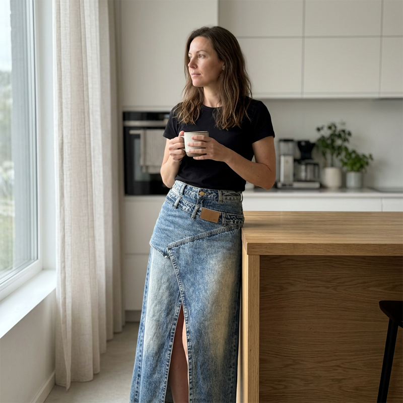👗✨ Asymmetrisk lager denim maxikjol med slits