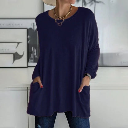 🔥50 % RABATT🔥 Löst sittande långärmad T-shirt för dam med rund hals – Bekväm och snygg 👕✨