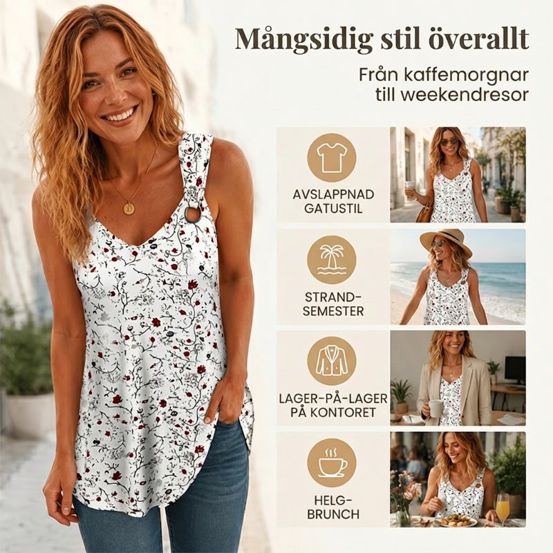 🌸 50% RABATT NU! ✨ Damtopp med Blomstertryck – Snygg V-ringning & Luftig Passform – Ett Sommarplagg Du Måste Ha 🌞