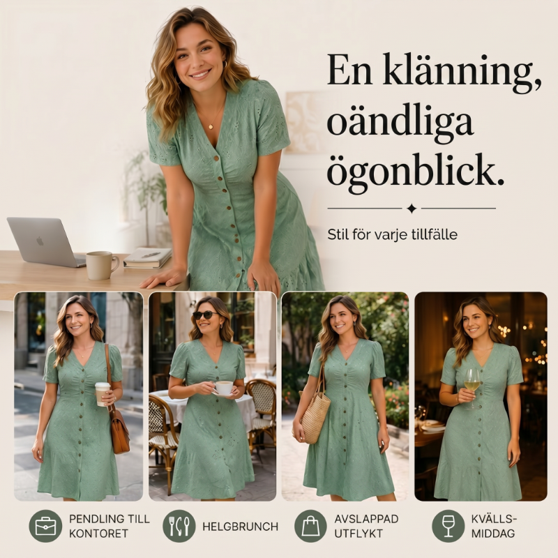 ✨ Elegant midiklänning i spets – V-ringning, puffärmar och volangkant ✨