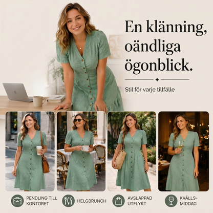✨ Elegant midiklänning i spets – V-ringning, puffärmar och volangkant ✨