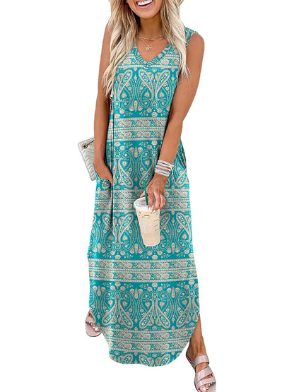 🎉Sista dagens erbjudande 50% RABATT💃2026 Sommar Boho Print Maxiklänning med V-ringning och fickor