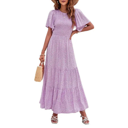 🌸 Avslappnad Maxiklänning för Damer med Blommönster – Korta Flänsar i Sammet, Smock & Hög Midja För En Elegant Silhuett ☀️