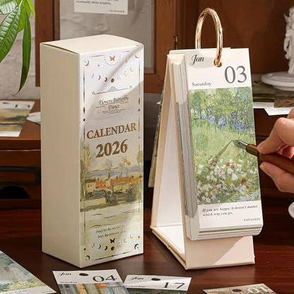 🎨 2026 Vintage oljemålning i europeisk stil, vändbar kalender