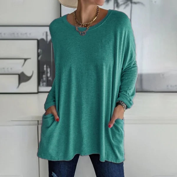🔥50 % RABATT🔥 Löst sittande långärmad T-shirt för dam med rund hals – Bekväm och snygg 👕✨