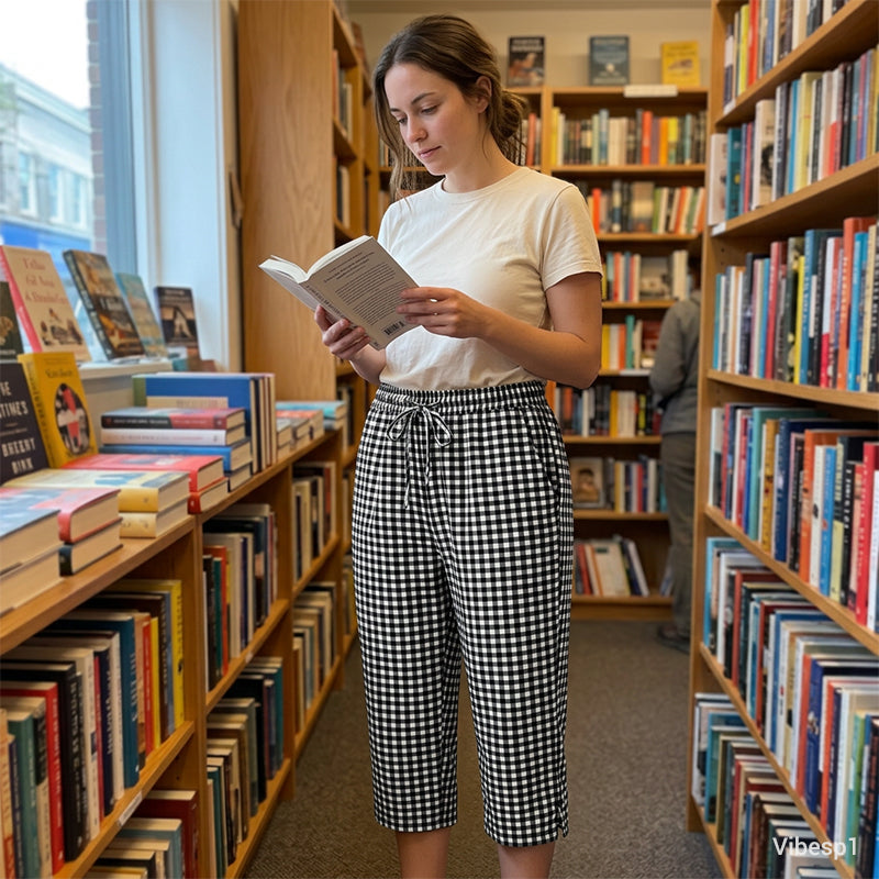 👖🌸 Rutiga capribyxor i bomull-linne med dragsko