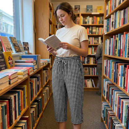 👖🌸 Rutiga capribyxor i bomull-linne med dragsko