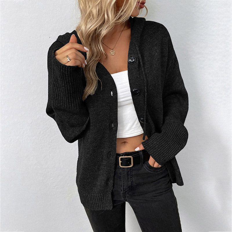 🧥 50% RABATT NU! 🍂 Huvtröja med dragsko i stickat material för damer – Mjuk Stickad & Klassiska Knappar – Perfekt för Höst & Vinter – Avslappnad Elegans 🌿