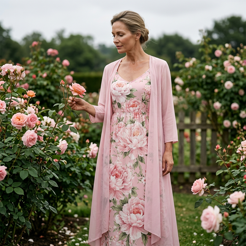 Elegant tvådelat klädset med blommönster för damer