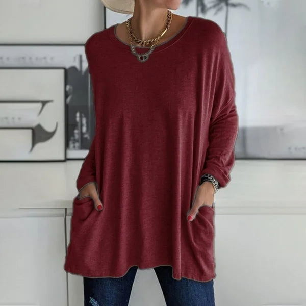 🔥50 % RABATT🔥 Löst sittande långärmad T-shirt för dam med rund hals – Bekväm och snygg 👕✨