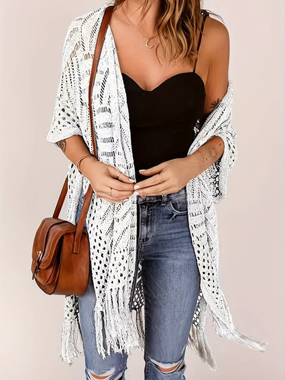 🌊 50% RABATT NU!✨ Dam Öppen Stickad Cover-Up med Tofsar – Bohemisk & Luftig – Strand Essential 🌴