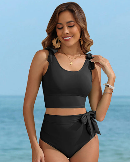 💥Sista dagars specialförsäljning 49% OFF🩱Dubbelknuten axel med hög midja och magkontroll Bikini Set