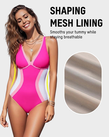 🔥HOT SALE 50% RABATT👙Färgblockerad baddräkt med magkontroll
