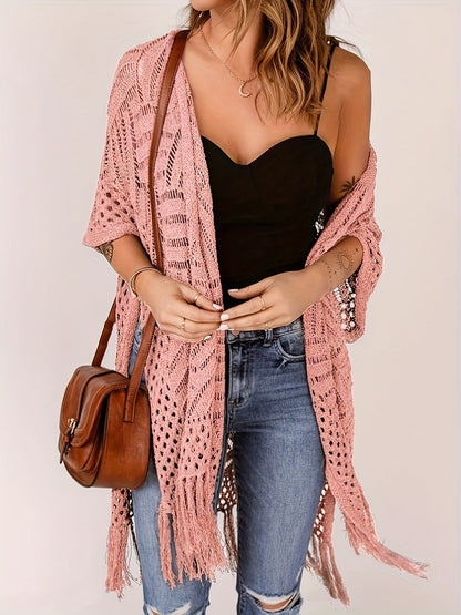 🌊 50% RABATT NU!✨ Dam Öppen Stickad Cover-Up med Tofsar – Bohemisk & Luftig – Strand Essential 🌴