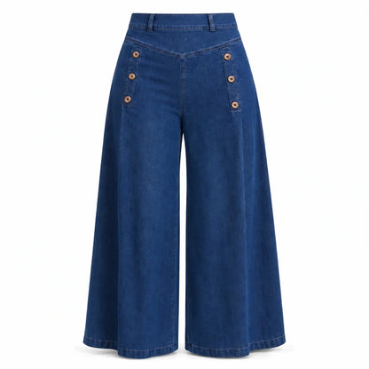 Högtaljade jeans med vida ben, stretchigt denim och dekorativa knappar