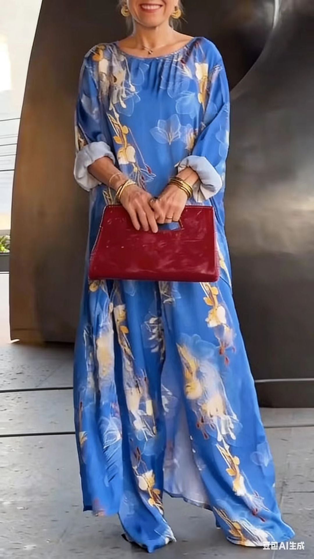🔥🎁Nyhet 50 % RABATT🔥Set med asymmetrisk tunika och byxor med blommönster för dam