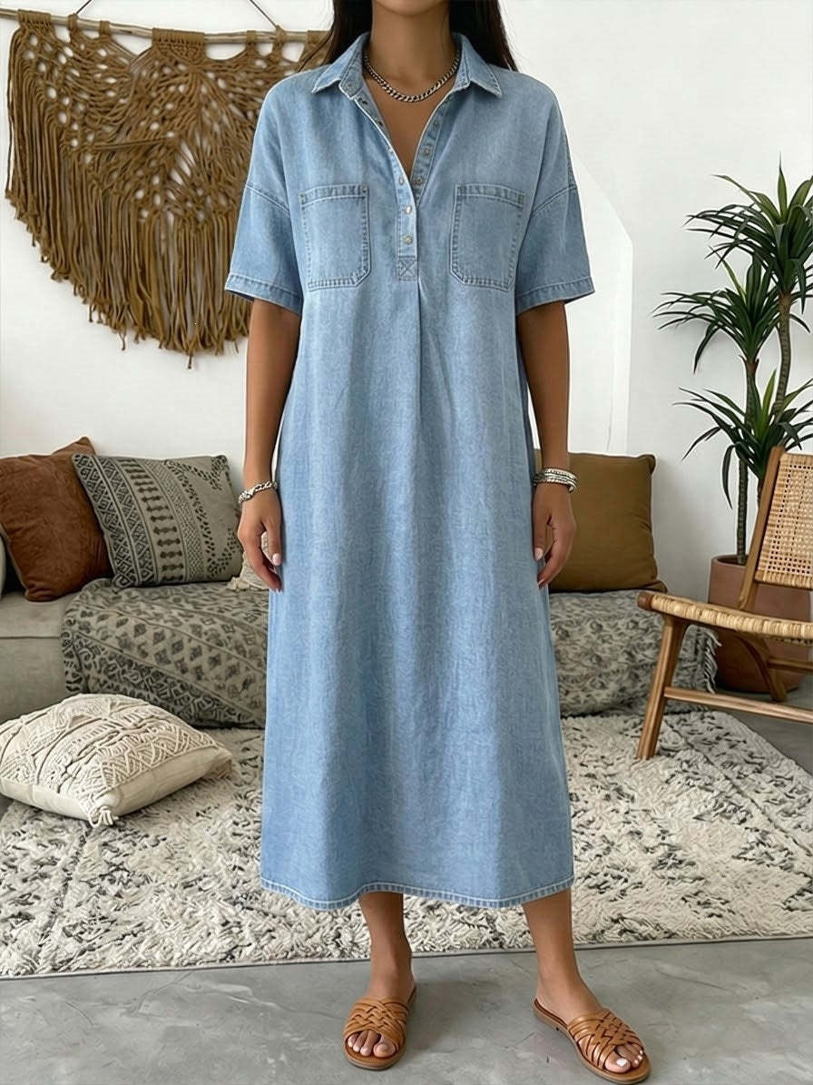 👗Ljus denim midiklänning med fickor