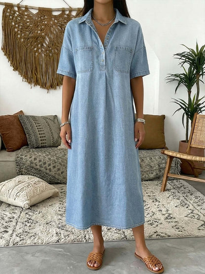 👗Ljus denim midiklänning med fickor