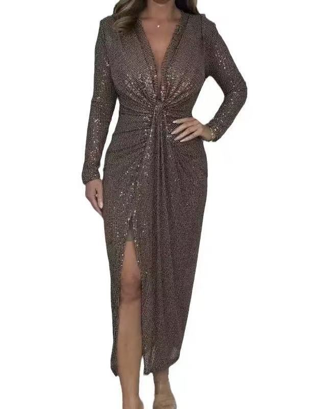 🎅Julrea 60 % RABATT🎁Damklänning med V-ringning, veckad, paljetter och slits för en elegant look
