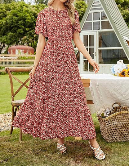 🌸 Avslappnad Maxiklänning för Damer med Blommönster – Korta Flänsar i Sammet, Smock & Hög Midja För En Elegant Silhuett ☀️