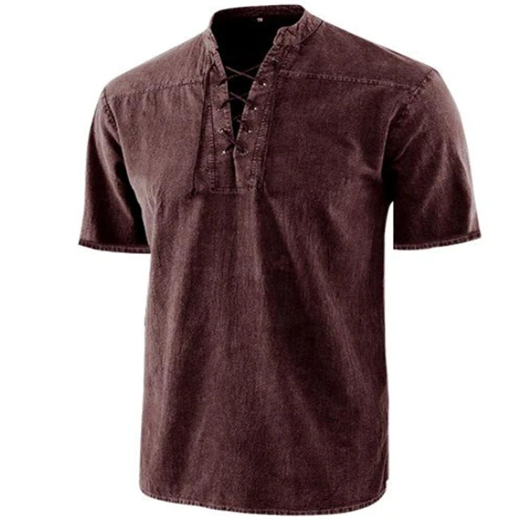 🥰Vintage herr V hals slips linne ficka kortärmad T Shirt lös topp