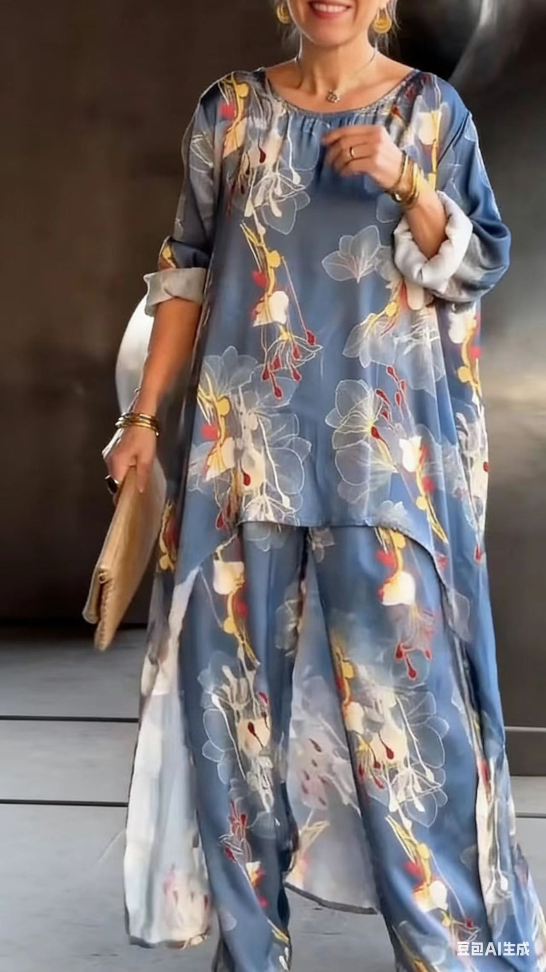 🔥🎁Nyhet 50 % RABATT🔥Set med asymmetrisk tunika och byxor med blommönster för dam