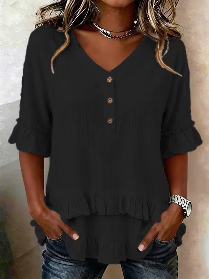 👚🌸 V-ringad volangtopp i linne med träknappar
