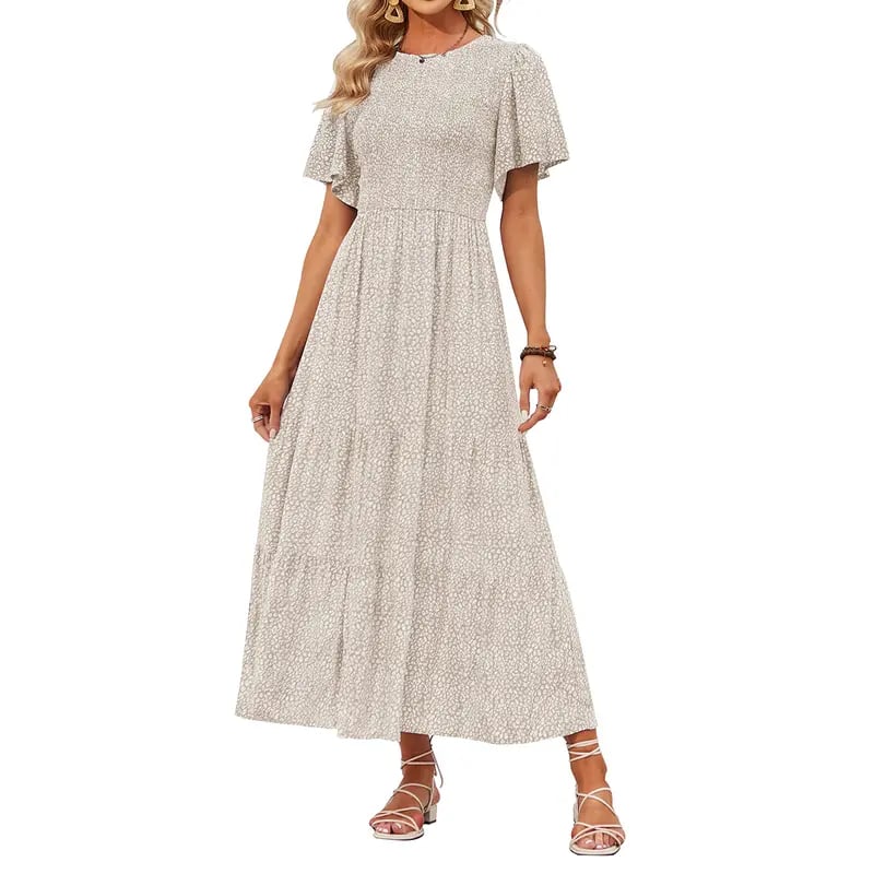 🌸 Avslappnad Maxiklänning för Damer med Blommönster – Korta Flänsar i Sammet, Smock & Hög Midja För En Elegant Silhuett ☀️