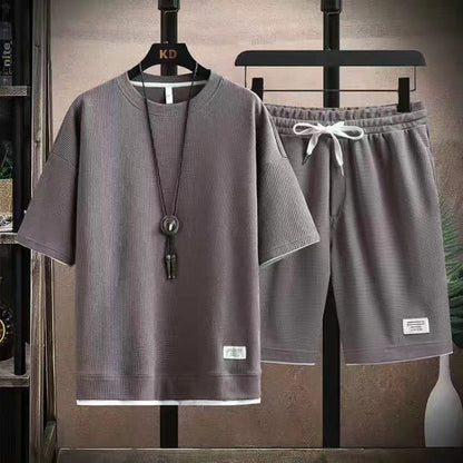 👕 50% RABATT! 🧇 Vaffeltyg Kortärmad T-shirt 2-delat Set – Bekväm Passform, Andningsbar Bomull & Perfekt För En Avslappnad Vardagslook 🏠