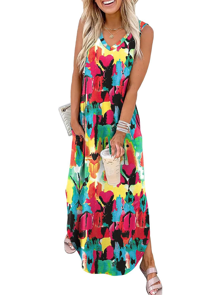 🎉Sista dagens erbjudande 50% RABATT💃2026 Sommar Boho Print Maxiklänning med V-ringning och fickor