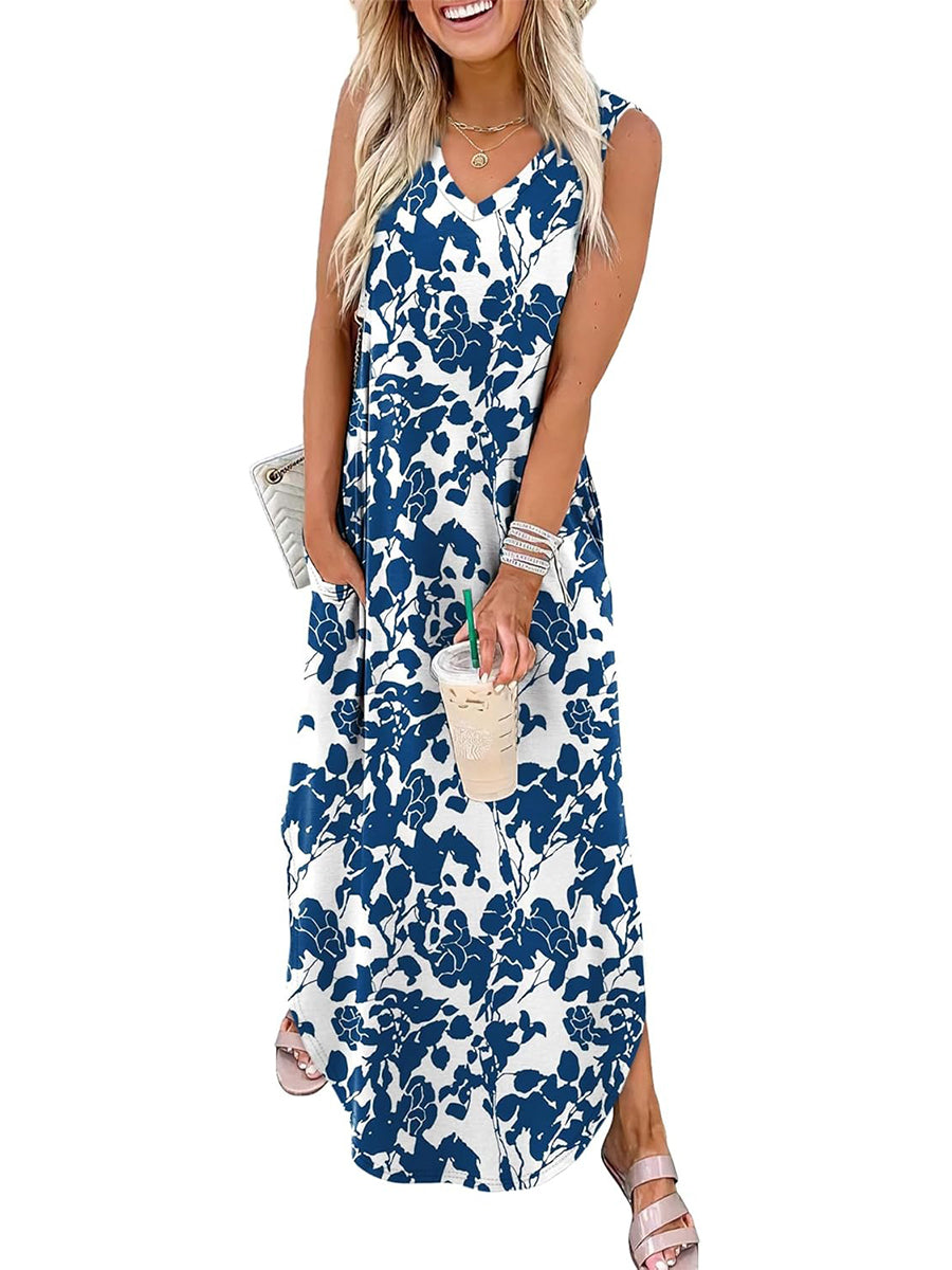 🎉Sista dagens erbjudande 50% RABATT💃2026 Sommar Boho Print Maxiklänning med V-ringning och fickor