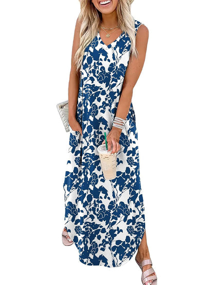 🎉Sista dagens erbjudande 50% RABATT💃2026 Sommar Boho Print Maxiklänning med V-ringning och fickor