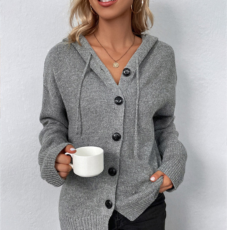 🧥 50% RABATT NU! 🍂 Huvtröja med dragsko i stickat material för damer – Mjuk Stickad & Klassiska Knappar – Perfekt för Höst & Vinter – Avslappnad Elegans 🌿