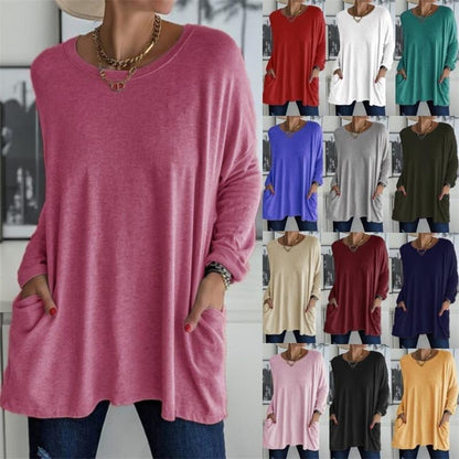 🔥50 % RABATT🔥 Löst sittande långärmad T-shirt för dam med rund hals – Bekväm och snygg 👕✨