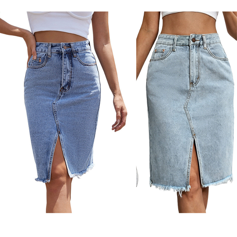 Jeanskjol för damer med hög midja och slits framtill