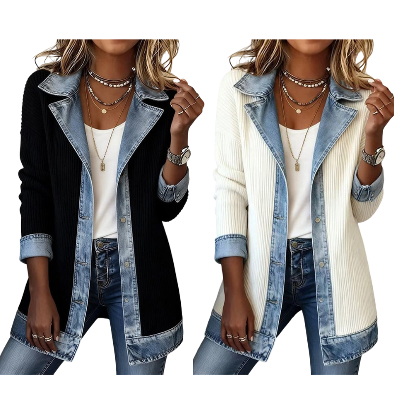 Damens elegant ribbstickad kappa med jeansdetaljer