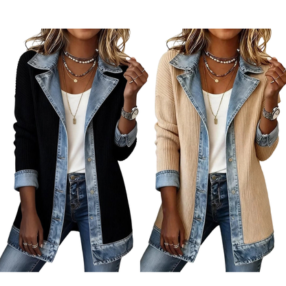 Damens elegant ribbstickad kappa med jeansdetaljer