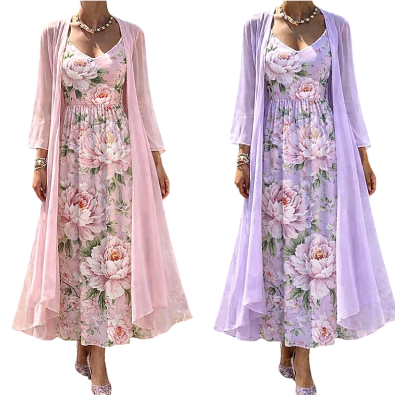 Elegant tvådelat klädset med blommönster för damer
