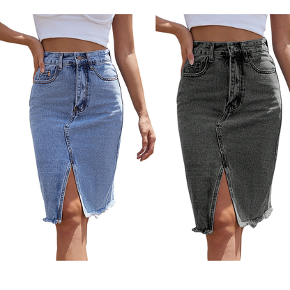 Jeanskjol för damer med hög midja och slits framtill