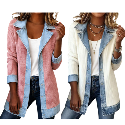 Damens elegant ribbstickad kappa med jeansdetaljer