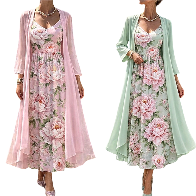 Elegant tvådelat klädset med blommönster för damer