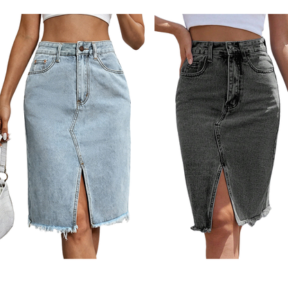 Jeanskjol för damer med hög midja och slits framtill