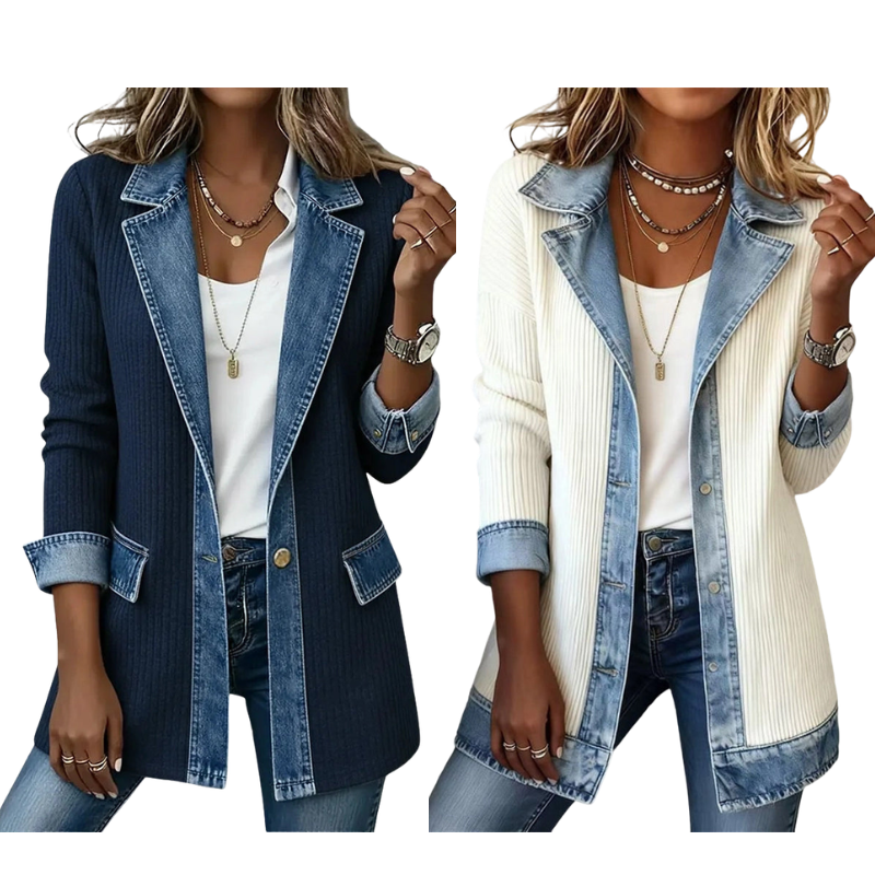 Damens elegant ribbstickad kappa med jeansdetaljer