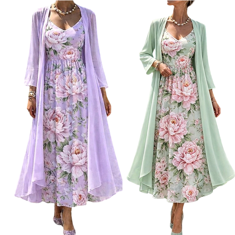 Elegant tvådelat klädset med blommönster för damer