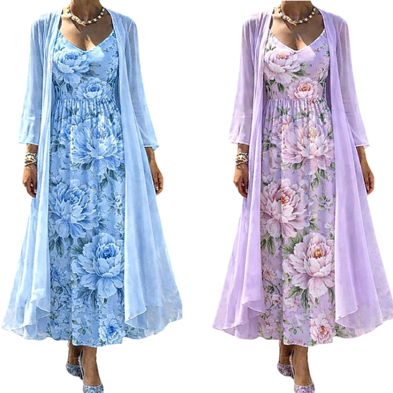 Elegant tvådelat klädset med blommönster för damer