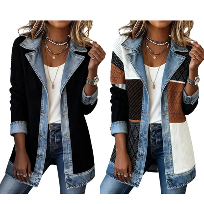 Damens elegant ribbstickad kappa med jeansdetaljer