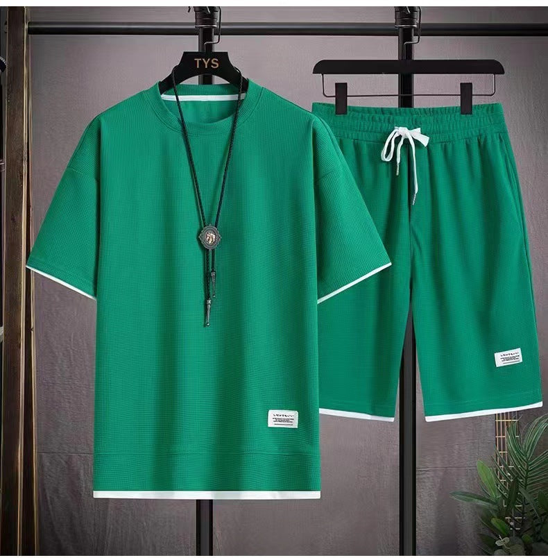 👕 50% RABATT! 🧇 Vaffeltyg Kortärmad T-shirt 2-delat Set – Bekväm Passform, Andningsbar Bomull & Perfekt För En Avslappnad Vardagslook 🏠